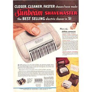 1951 Sunbeam Shavemaster Electric Razor Vintage Print Ad Men's Grooming Wall Art